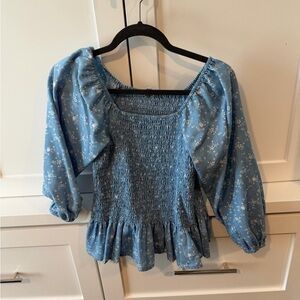Blue Floral Smocked Women's Top - Small